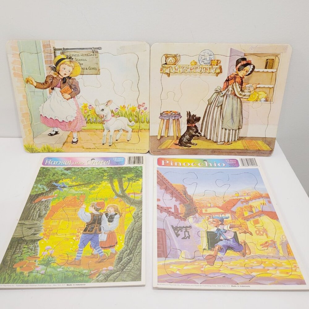 4 Vtg Mix Tray Puzzles Nursery Rhymes Pinocchio Hansel Gretel Sheep Old Lady